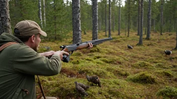 En person i jaktutstyr, holder et haglegevær og står i en skog med en rype i bakgrunnen