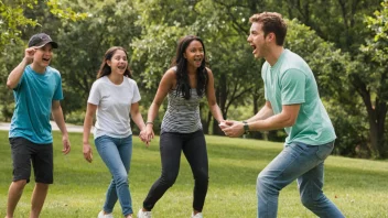 En gruppe mennesker som løper og ler sammen i en skog, med noen flagg og ballonger synlige i bakgrunnen.