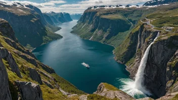 En vakker kystlandskap i Norge med fjorder, fjell og fosser.