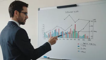 En person i en forretningsdress, som holder en nettbrett med en graf som viser en økning i effektivitet, stående foran en hvit tavle med et flytskjema.