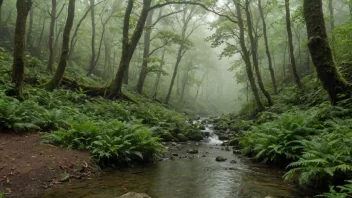 En tåkete skog med frodig grønn vegetasjon og en liten bekk som renner gjennom den.