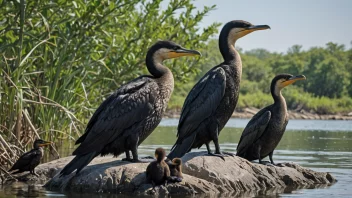 En skarvfamilie i sitt naturlige habitat, med voksne og unger som svømmer og leker sammen.