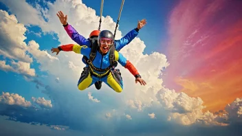 En person i midt-luft, med en fallskjerm eller bungee-line festet, omgitt av en klar blå himmel med hvite skyer.