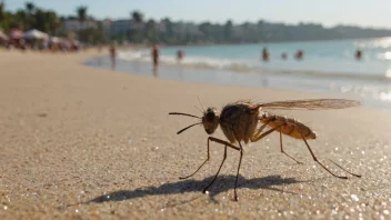 En sandflue på en strand, med sine karakteristiske vinger og kropp.