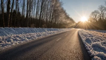 En vei med iskrystaller i luften, med solen skinnende gjennom og skapende en lys, gnistrende effekt.