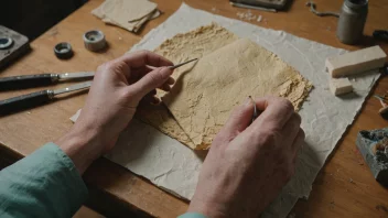 En person holder et ark håndlaget papir med en unik tekstur og farge, omgitt av håndverktøy og materialer.