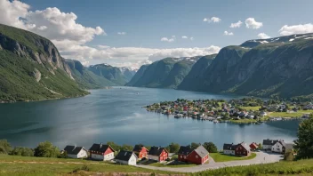 En malerisk landsby i Norge med fjell og innsjø i bakgrunnen.