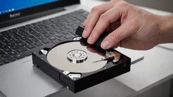 En person som holder en ekstern harddisk med en datamaskin i bakgrunnen, symboliserer datasikkerhet og backup