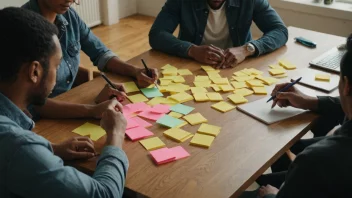 En gruppe mennesker som sitter rundt et bord, brainstomer og skriver ned ideer på lapper.