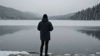 En person som står foran en frossen innsjø, skjelver og ser kald ut