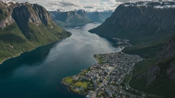 En by som ligger i en fjord i Norge, omgitt av fjell og vann.