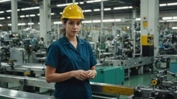 En fabrikkarbeider på en produksjonslinje, med en bakgrunn av maskiner og produksjonsutstyr.