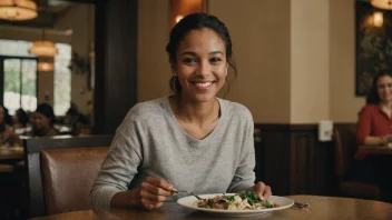 En person som sitter ved et bord på en restaurant, smiler og nyter måltidet sitt.