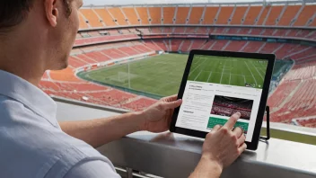 En person leser en idrettsrapport på en tablet, med et stadion i bakgrunnen.