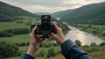 En person tar et bilde med et filmkamera, med et vakkert landskap i bakgrunnen.