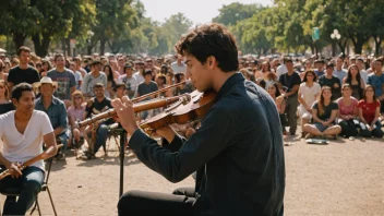 En musiker som spiller gitar på scenen, med en folkemengde som heier og klapper i bakgrunnen.