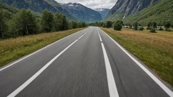 En vei med en tydelig veikantstripe i et naturskjønt norsk landskap.