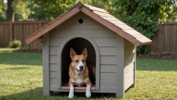 Et hundehus med et skrått tak og en liten dør