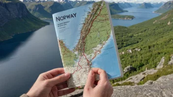 En person som holder en turistbok, med et kart over Norge i bakgrunnen