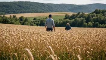 Et fredelig havrefelt i et norsk landskap med en bonde i bakgrunnen.