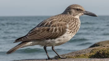 En sjøben står på en stein ved sjøen, med fjærene sine rufset av vinden.