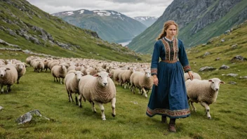 En kvinnelig gjeter som gjeter sau på fjellet.