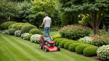 En velklippet hage med en gressklipper og en person som beskjærer blomster