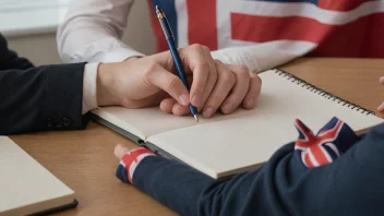 Ein person som skriv i ein notatbok med eit norsk flagg i bakgrunnen