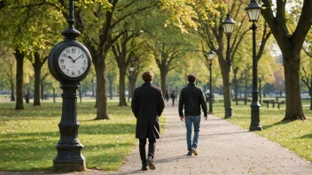 En person går i en park med et klokke i bakgrunnen, som symboliserer tiden som går.