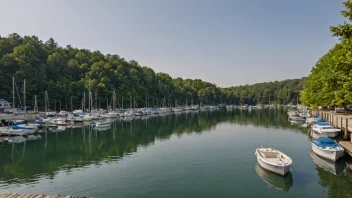 Et idyllisk innhavn med båter og mennesker