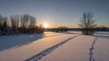 Et fredelig vinterlandskap med en svak sol som skinner gjennom trærne.