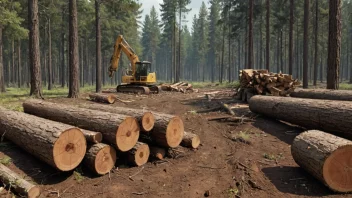 Et bilde av en skog med trær som blir felt, med fokus på prosessen med å felle trær og hvordan det påvirker miljøet.