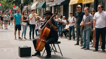 En gatemusiker som spiller en livlig melodi på en gitar, med en folkemengde samlet rundt.