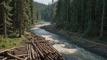 En naturskjønn skog med en elv som renner gjennom, hvor tømmer fløtes nedover.