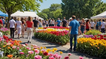 En blomsterfestival med en rekke fargerike blomster på utstilling, mennesker som går rundt og beundrer blomstene, og en klar blå himmel i bakgrunnen.