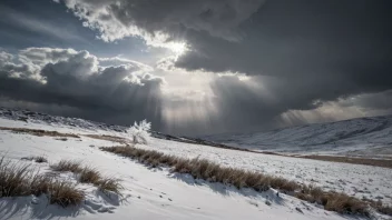 En sterk nordvind blåser gjennom et snødekt landskap, og får trærne til å lene seg og snøen til å virvle.