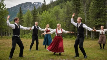 En gruppe mennesker danser en tradisjonell norsk dans i en skog.