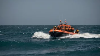 En redningsbåt på havet, med mennesker i redningsvester som blir trukket i sikkerhet.