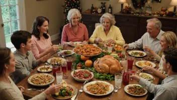 En stor familiefeiring med mange mennesker, inkludert barn og voksne, samlet rundt et bord med ulike mat- og drikkevarer.