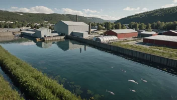 En fiskeoppdrett i Norge, med fisk som svømmer i vannet og en fabrikk i bakgrunnen.