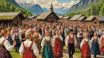 En fargerik illustrasjon av en tradisjonell norsk festival, som viser landets rike kulturarv.