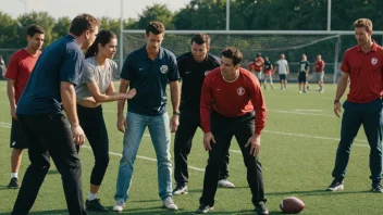 Et lag mennesker som arbeider sammen, med en fotballbane i bakgrunnen.