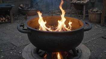 En stor jernkok med håndtak, brukt til å lage mat over åpen flamme.