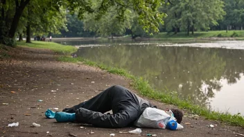 En person som kaster søppel på bakken i en park, med en forurenset elv i bakgrunnen.