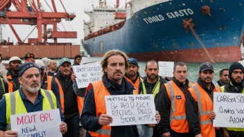 Havnearbeidere som protesterer og holder skilt, med et lasteskip i bakgrunnen.