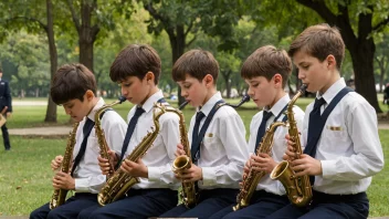 Et guttemusikkorps spiller i en park.