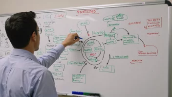 En person står foran en whiteboard med en kompleks prosjektplan, og identifiserer og håndterer utfordringer og hindringer.