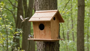 Et fuglehus med skrått tak og en liten inngangshull, montert på en grein eller en stolpe.