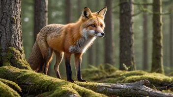 En kvinnelig rødrev med rød-orange pels og hvit underside, stående i en skog med trær og steiner i bakgrunnen.