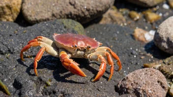 En liten krabbe på en steinete strand.